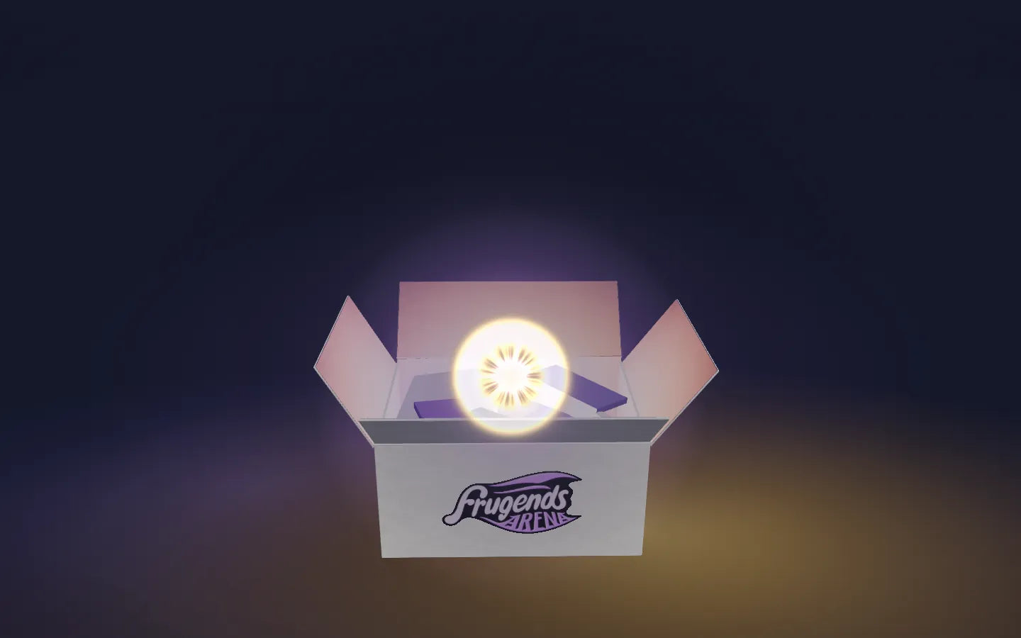 Ein weißer Karton mit dem Frugends-Arena-Logo steht im goldenen Lichtkegel, aus seinem Inneren leuchtet es.